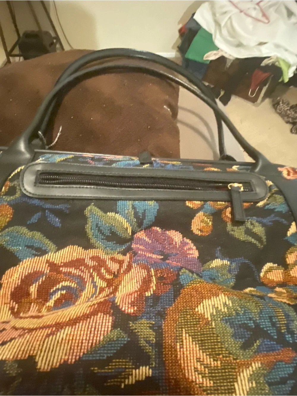 Floral Tapestry Top-Handle Tote in Multicolor,with leather